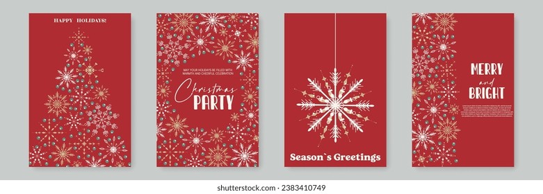 Merry Christmas and Happy New Year Greetings Cards Set with Snowflakes Ornament. Winter Holiday Greeting Cards Design. Snowflake Posters and Covers. Xmas Hand Draw Beautiful Snowflakes Design.