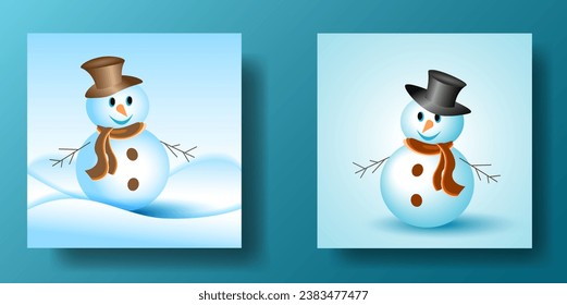 Merry christmas and happy new year greeting card with copy space and Cute snowman standing in winter christmas, landscape snow falling. Set 2 in 1