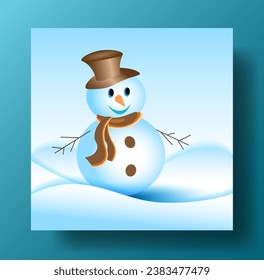 Merry christmas and happy new year greeting card with copy space and Cute snowman standing in winter christmas, landscape snow falling