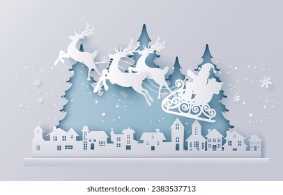 Merry Christmas and Happy New Year. Illustration of Santa Claus on the sky coming to City ,paper art and craft style