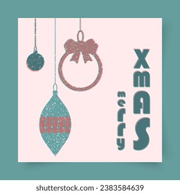 Merry Christmas and Happy New year colorful card with retro riso, risograph print effect. Layered  elements in vintage trendy style. Typography composition for greeting cards, posters and branding.