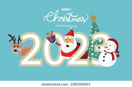Merry Christmas and happy new year 2023 greeting card with cute Santa Claus, snowman, xmas tree and deer. Holiday cartoon character in winter season. Vector