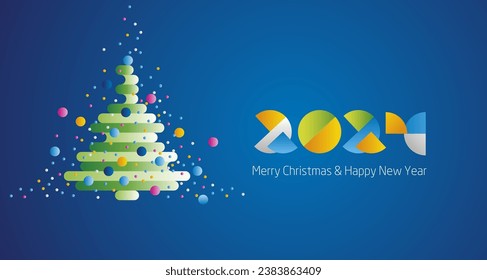 Merry Christmas and Happy New Year 2024 modern colorful design with green abstract Christmas tree balls and confetti blue greeting card