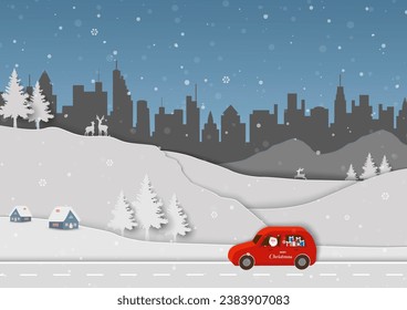 Merry Christmas and Happy new year greeting card,Santa Claus driving a red car and delivering gift boxes to the city on winter,vector illustration