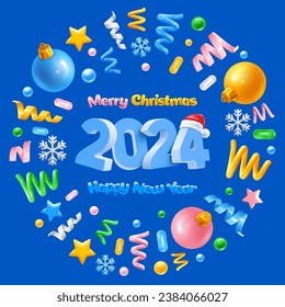 Merry Christmas and Happy new Year greeting card, holiday round frame of confetti, tinsels, snowflakes and fir tree balls. 3D realistic numbers 2024 and text on blue background. Vector illustration