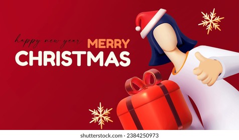 Merry Christmas and Happy New Year design template with girl character. gift box and gold snowflakes. Happy holidays. Special season offer