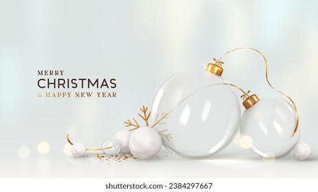 Merry Christmas and happy new year background. Realistic 3d design glass transparent ornaments decoration balls, golden glitter confetti, soft white blue realistic lighting. vector illustration