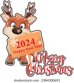 Merry Christmas and happy new year greeting card with cute  deer. Holiday cartoon character in winter season.