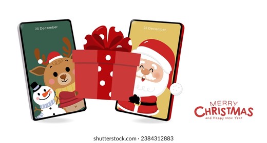 Merry Christmas and happy new year with Santa Claus, snowman, deer, gift and cell phone. Holiday cartoon character in winter season. -Vector