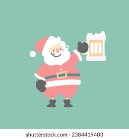 merry christmas and happy new year with cute santa claus drinking alcohol beer in the winter season green background, flat vector illustration cartoon character costume design