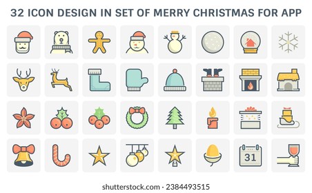 Merry christmas and happy new year vector icon consist of santa claus cartoon, cute animal, food and ornament object i.e. gift, golden ball, green tree, holly, snow, star for decoration card and party