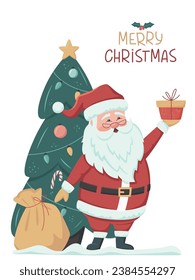 Merry Christmas and Happy New Year greeting card with cute Santa Claus, Xmas tree and bag of gifts box. Santa Claus brought gifts for Christmas. Vector illustration in retro style isolated on white
