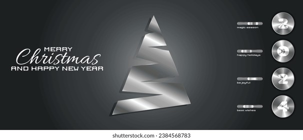 Merry christmas and happy new year background with 3d abstract christmas tree, volume button, lettering, figure and number. Greeting card with winter season lettering typography. Elegant silver design