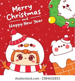 Merry christmas and happy new year greeting card kawaii cartoon