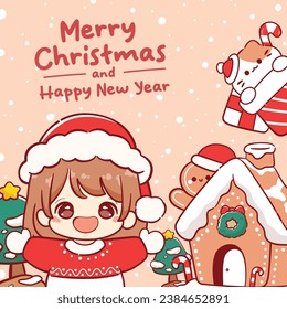 Merry christmas and happy new year greeting card kawaii cartoon