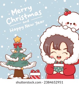 Merry christmas and happy new year greeting card kawaii cartoon