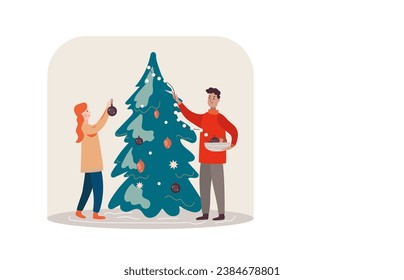 Merry Christmas and happy new year banner. Happy young decorated Christmas tree together. Vector fkat illustration.