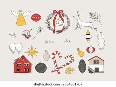 Merry Christmas and a happy new year.. Collection of vector icons and elements for Merry Christmas greeting card and poster, party sign. 