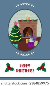 Merry Christmas and Happy New Year card. Fireplace and Christmas tree, gifts. Vector illustration. For packaging, cards, greetings and invitations, web pages and social networks.