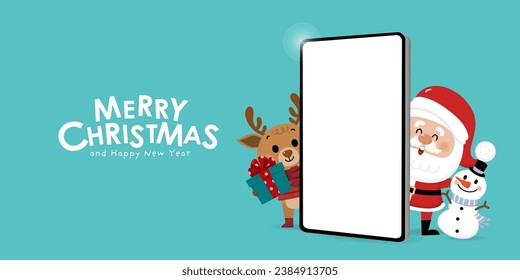 Merry Christmas and happy new year with Santa Claus, snowman, deer and cell phone. Holiday cartoon character in winter season. -Vector