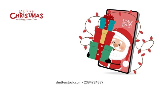 Merry Christmas and happy new year with Santa Claus, xmas light, gift and cell phone. Holiday cartoon character in winter season. -Vector
