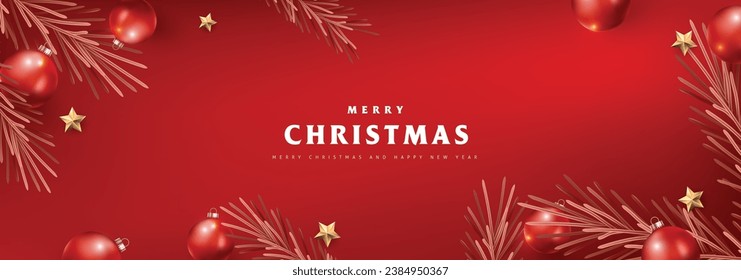 Merry Christmas and Happy New Year red Background Christmas Tree Branches decoration. Merry Christmas vector text Calligraphic Lettering Vector illustration. 