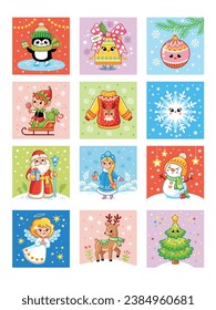 Feliz Navidad y Feliz Año Nuevo Juego de tarjetas de felicitación, afiches, stickers de fiestas. Santa Claus, tres, hombre de nieve, ciervo, regalo, pingüino, elfo, ángel al estilo de las caricaturas.