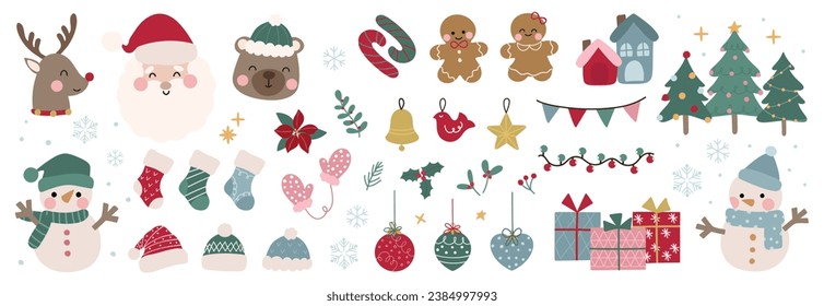 Feliz Navidad y feliz vector de fondo del concepto de año nuevo. Dibujo de un animal lindo con reno, santa, muñeco de nieve, bauble de navidad. Diseño adecuado para banner, invitación, decoración.