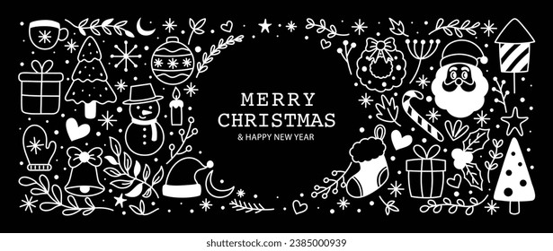 Feliz navidad y feliz año nuevo lindo doodle fondo de fondo. Diseño dibujado a mano con bauble de navidad, sombrero, calcetín, santa, árbol, muñeco de nieve. Ilustración para banner, papel pintado, decoración, impresión.