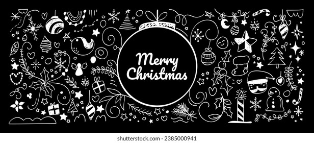 Feliz navidad y feliz año nuevo lindo doodle fondo de fondo. Diseño dibujado a mano con bauble de navidad, sombrero, calcetín, santa, árbol, muñeco de nieve. Ilustración para banner, papel pintado, decoración, impresión.