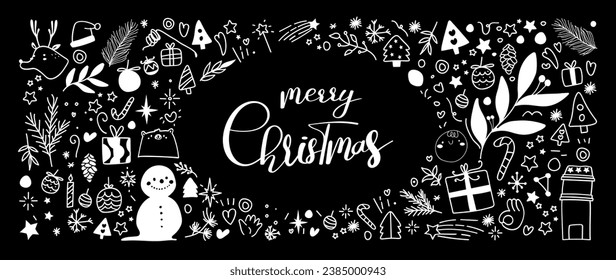 Feliz navidad y feliz año nuevo lindo doodle fondo de fondo. Diseño dibujado a mano con bauble de navidad, sombrero, calcetín, santa, árbol, muñeco de nieve. Ilustración para banner, papel pintado, decoración, impresión.