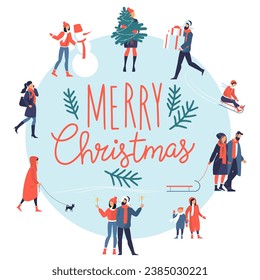 Merry Christmas and Happy New Year greeting card, flat design vector template. People outdoor winter activities and holyday preparations.