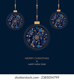 Merry Christmas and a happy new year. 2024 Festive design of beautiful Christmas balls layers of snowflakes in a modern style. Dark blue background with gold snowflakes. Vector illustration.