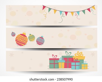 Merry Christmas and Happy New Year 2015 celebration website header or banner set with beautiful bunting, Xmas Balls and gifts.
