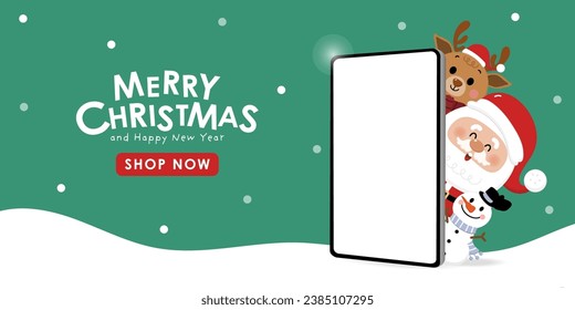 Merry Christmas and happy new year with Santa Claus, snowman, deer and cell phone. Holiday cartoon character in winter season. -Vector