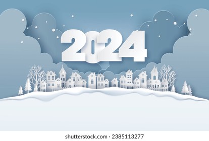 Merry Christmas and Happy New Year 2024, Countryside Village in winter paper collage and paper cut style with digital craft .