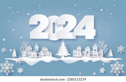 Merry Christmas and Happy New Year 2024, Countryside Village in winter paper collage and paper cut style with digital craft .