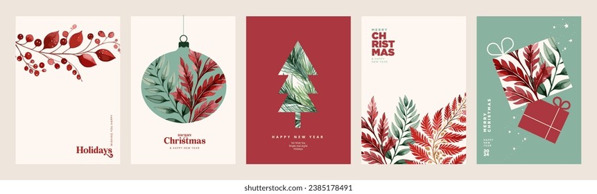 Merry Christmas and Happy New Year. Set of vector illustrations for background, greeting card, party invitation card, website banner, social media banner, marketing material.