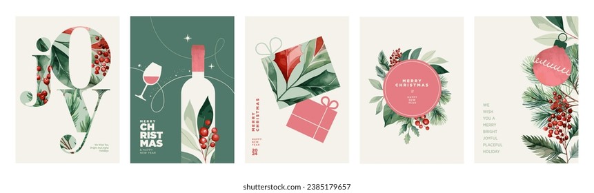 Feliz Navidad y feliz año nuevo plantilla de tarjetas de felicitación. Ilustraciones vectoriales para el fondo, tarjeta de saludo, tarjeta de invitación del partido, banner del sitio web, banner de medios sociales, material de marketing.