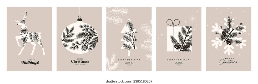 Merry Christmas and Happy New Year. Set of vector illustrations for background, greeting card, party invitation card, website banner, social media banner, marketing material.