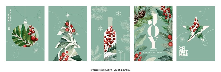 Merry Christmas and Happy New Year cards collection. Vector illustrations for background, greeting card, party invitation card, website banner, social media banner, marketing material.