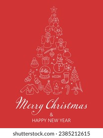 Merry Christmas, Happy New Year. Christmas tree. Seamless pattern of Christmas design elements. Vector illustration, Set of hand drawn doodles, icon set  in sketch style.