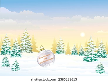 Merry Christmas and Happy New Year 2024. Original background with Christmas ball and congratulation text on snowy winter landscape at dawn. Vector illustration 3d