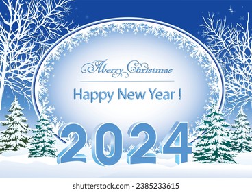 Merry Christmas and Happy New Year 2024 poster on a background of winter snowy nature. Vector illustration 3d