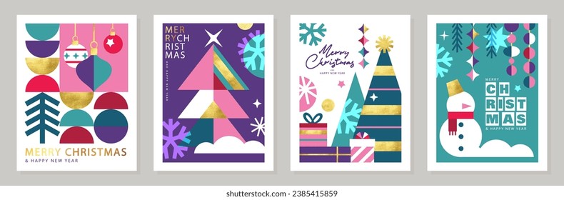 Merry Christmas and Happy New Year Set of greeting cards, posters, holiday covers. Abstract design with Christmas decorative elements. Modern minimalist geometric style.