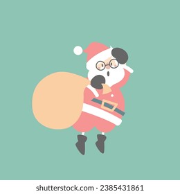 merry christmas and happy new year with cute santa claus and present gift bag in the winter season green background, flat vector illustration cartoon character costume design