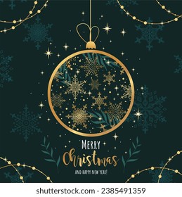 Merry christmas and happy new year greeting card with gold christmas ball. Poster, holiday cover. 