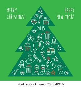 Merry Christmas. Happy New Year. Congratulations. Christmas tree with gifts and Christmas decorations. Hand drawing on the green background. Doodles, sketch, design elements. Vector.
