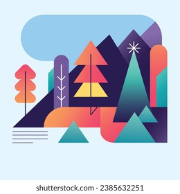 Merry Christmas and Happy New Year 2024! Vector trendy abstract illustrations of holiday card with forest.