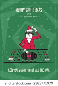 Merry Christmas and happy New Year greeting card. 60s-70s retro style poster with Christmas wishes text. DJ Santa Claus character vector illustration.